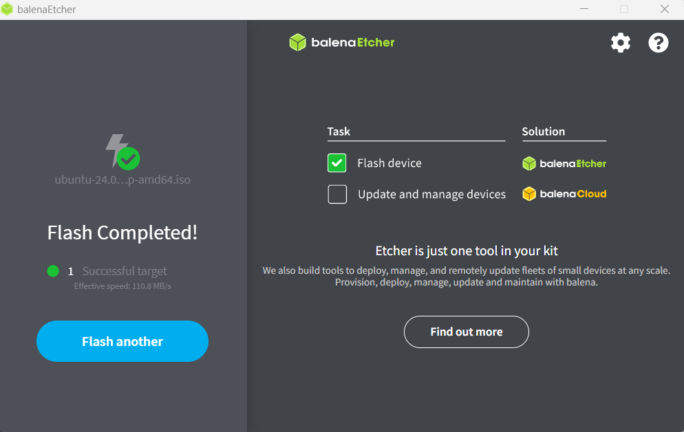 Balena Etcher - Flash complete